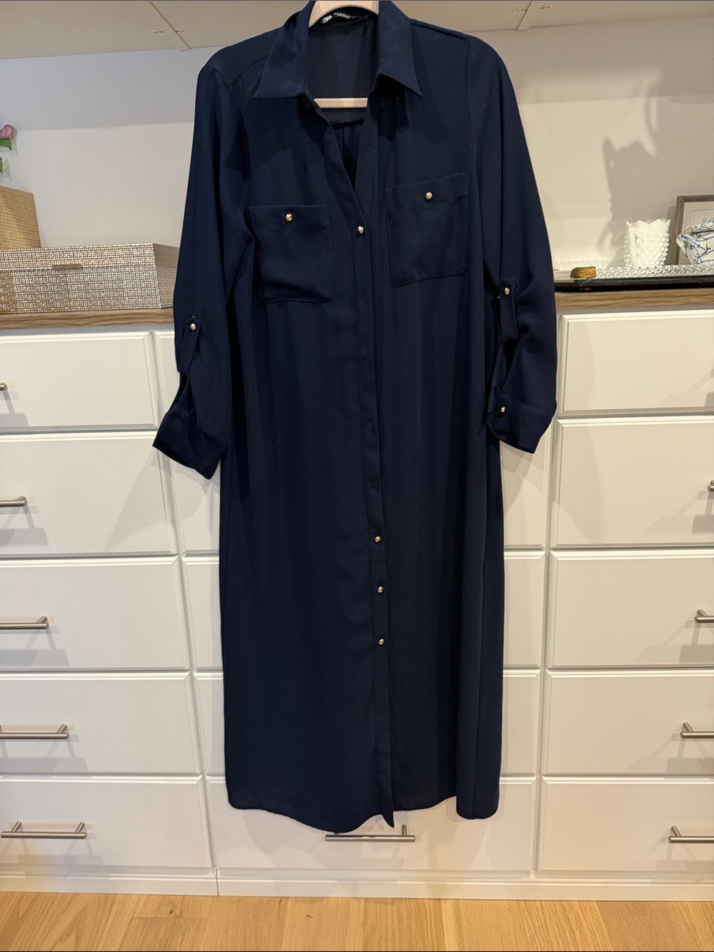 Classic Navy Shirt Dress with Gold Button Detail no belt.